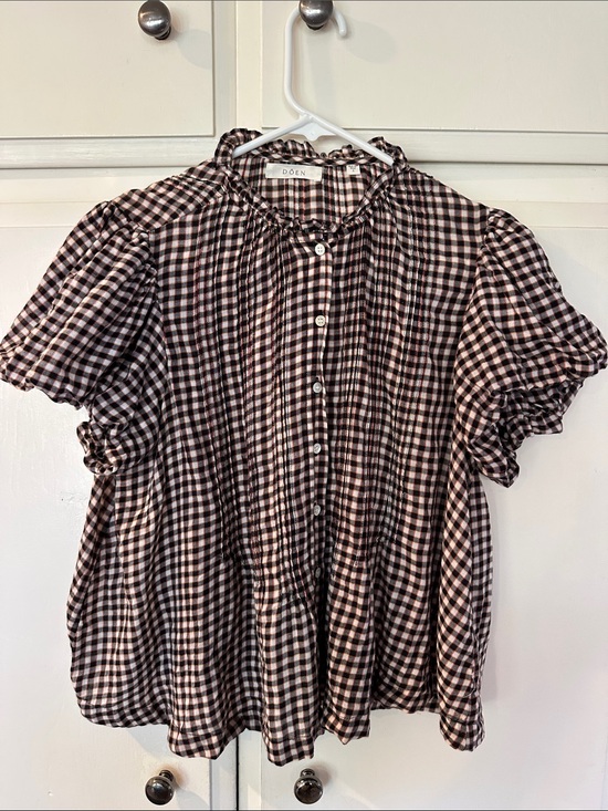 Doen Tops - Doen Black & Pink Gingham Ruffled Collar Button-Up Top